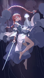  absurdly_long_hair bare_shoulders barefoot blue_eyes bow braid breasts commentary commission detached_sleeves dress english_commentary female full_body hairbow highres holding holding_sword holding_weapon jellyfish long_braid long_hair original pink_hair small_breasts solo sword tsuki-shigure very_long_hair weapon white_dress wide_sleeves 