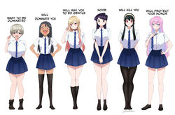  6+girls :3 absurdres arm_behind_back arms_behind_back artist_name black_eyes black_hair breasts brown_eyes brown_hair choker commentary crossover dismaiden english_commentary english_text full_body grey_eyes grin hairband hand_on_hip hands_on_hips height_difference highres huge_breasts ijiranaide_nagatoro-san kawaii_dake_ja_nai_shikimori-san kitagawa_marin komi-san_wa_komyushou_desu komi_shouko large_breasts legs long_hair looking_at_viewer meme miniskirt multiple_crossover multiple_girls nagatoro_hayase no_legwear no_shoes oerba_yun_fang open_mouth pantyhose pink_hair purple_hair red_eyes school_uniform shikimori_(kawaii_dake_ja_nai) short_hair sidelocks signature simple_background skin_fang skirt small_breasts smile socks sono_bisque_doll_wa_koi_wo_suru spy_x_family standing tan thigh_gap thighhighs thighs trembling uzaki-chan_wa_asobitai! uzaki_hana v wants_to_be_dominated_(meme) white_background yor_briar 