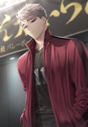  1boy bad_id bad_twitter_id closed_mouth eyebrows grey_eyes grey_hair haikyuu!! hands_in_pockets hemoon jacket looking_at_viewer male_focus miya_osamu multicolored_hair open_clothes open_jacket short_hair solo sportswear standing track_jacket two-tone_hair volleyball_uniform 