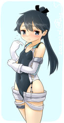  black_hair black_one-piece_swimsuit competition_swimsuit cosplay cowboy_shot embarrassed female gloves highleg highleg_swimsuit houshou_(kancolle) kantai_collection long_hair looking_at_viewer one-hour_drawing_challenge one-piece_swimsuit ponytail ray.s scamp_(kancolle) scamp_(kancolle)_(cosplay) short_shorts shorts solo standing swimsuit white_gloves white_shorts 