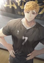  1boy bad_id bad_twitter_id black_pants blonde_hair brown_eyes eyebrows haikyuu!! hands_on_own_hips hemoon indoors looking_at_viewer male_focus miya_atsumu multicolored_hair pants short_hair short_sleeves shorts smile solo sportswear standing two-tone_hair volleyball_uniform 