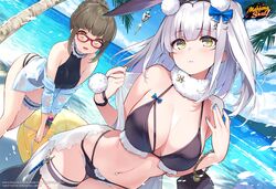  2girls bare_shoulders beach bikini black_bikini black_one-piece_swimsuit blue_nails bow breasts brown_hair cleavage commentary copyright_name day dutch_angle english_commentary fur_collar glasses hair_bun hairbow halterneck hands_up highres hisen_kaede jacket kaavi large_breasts logo long_hair looking_at_viewer mahjong mahjong_soul multi-strapped_bikini multiple_girls nail_polish navel ninomiya_hana ocean official_art one-piece_swimsuit open_clothes open_jacket open_mouth outdoors parted_lips red-framed_eyewear see-through shawl sidelocks smile stomach string_bikini swimsuit tenbou thigh_strap thighs wet white_hair white_jacket yellow_eyes 