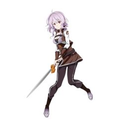  ahoge boots breasts brown_pants cleavage closed_mouth female full_body hair_between_eyes hair_intakes highres holding holding_sword holding_weapon long_sleeves looking_at_viewer medium_breasts non-web_source official_art pants pointy_ears purple_hair red_eyes short_hair_with_long_locks sidelocks smile solo strea_(sao) sword sword_art_online transparent_background weapon 