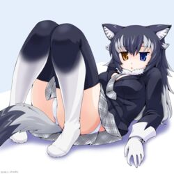  animal_ear_fluff animal_ears artist_name between_breasts blue_eyes breasts commentary_request female full_body fur_collar gloves gradient_legwear grey_wolf_(kemono_friends) heterochromia kemono_friends knees_up looking_at_viewer medium_breasts medium_skirt multicolored_hair necktie necktie_between_breasts panties saikuro skirt solo tail thighhighs two-tone_hair underwear white_gloves white_panties wolf_ears wolf_girl wolf_tail yellow_eyes 