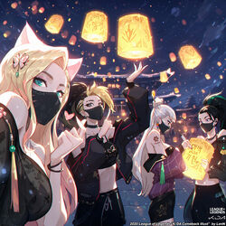  4girls ahri_(league_of_legends) akali animal_ears architecture bare_shoulders black_choker black_dress black_hair black_jacket black_shirt black_shorts blonde_hair breasts choker cloud cloudy_sky crop_top dress earrings east_asian_architecture evelynn_(league_of_legends) finger_heart fox_ears fox_girl green_eyes green_hair hair_bun hair_ornament holding holding_lantern jacket jewelry k/da_(league_of_legends) k/da_all_out_ahri k/da_all_out_akali k/da_all_out_evelynn k/da_all_out_kai&#039;sa kai&#039;sa lantern lantern_festival league_of_legends lenn_sparrow long_hair mask midriff mouth_mask multicolored_hair multiple_girls night night_sky off_shoulder outdoors paper_lantern ponytail purple_eyes purple_jacket seraphine_(league_of_legends) shirt shorts single_hair_bun sky sky_lantern tattoo temple tile_floor tiles two-tone_hair writing yellow_eyes 