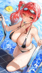  absurdres azur_lane bare_shoulders bikini bird black_bikini blush breasts chick cleavage collarbone commentary female goggles goggles_on_head highres large_breasts long_hair looking_at_viewer manjuu_(azur_lane) md5_mismatch mouth_hold multi-strapped_bikini_bottom o-ring o-ring_bikini official_alternate_costume pool_ladder poolside red_hair side_ponytail sideboob sidelocks smile solo ssr_(azmr2828) swimsuit symbol-only_commentary thighs water wet whistle whistle_around_neck yellow_eyes zara_(azur_lane) zara_(poolside_coincidence)_(azur_lane) 