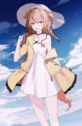  :d animal_collar animal_ears blue_bow bone_hair_ornament bow braid brown_eyes brown_hair buttons cloud collar dog_ears dog_girl dog_tail dress fangs female hair_between_eyes hair_ornament hairclip hat hololive horizon inugami_korone inugami_korone_(1st_costume) jacket long_hair looking_at_viewer loose_socks low_twin_braids ocean off_shoulder open_mouth outdoors red_bow red_collar short_dress sky smile socks solo sun_hat tail twin_braids virtual_youtuber white_dress wind wind_lift yellow_jacket yueko_(jiayue_wu) 