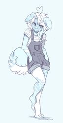  2018 anthro artist_name barefoot biped blue_background blue_theme bren_(meekhowl) canid canine caninelove canis clothing digital_media_(artwork) domestic_dog feet femboy fluffy fluffy_tail folded_ears full-length_portrait hand_in_pocket hi_res hindpaw male mammal monochrome overalls pattern_clothing pattern_shirt pattern_topwear paws pockets portrait shirt simple_background solo standing striped_clothing striped_shirt striped_topwear stripes tail toes topwear 