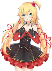  akai_haato black_dress blonde_hair blue_eyes breasts choker cleavage collarbone commentary_request corset cowboy_shot dress elbow_gloves female frilled_dress frills fuji_noyume gloves hair_between_eyes hair_ornament hair_ribbon heart heart_choker heart_hair_ornament highres hololive long_hair looking_at_viewer medium_breasts off-shoulder_dress off_shoulder one_side_up own_hands_together parted_lips polka_dot red_gloves ribbon scrunchie simple_background solo standing thighs tress_ribbon very_long_hair virtual_youtuber white_background 