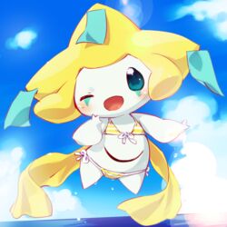  ;d bikini clothed_pokemon cloud commentary_request day full_body green_eyes hand_up jirachi mizuki_kotora no_humans one_eye_closed open_mouth outdoors outstretched_arm pokemon pokemon_(creature) sky smile solo striped_bikini striped_clothes swimsuit tongue water yellow_bikini 