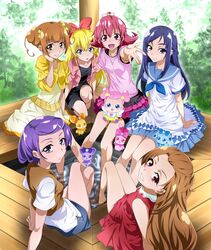  6+girls :d ai-chan_(dokidoki!_precure) aida_mana arm_support barefoot blonde_hair blue_dress blue_eyes blue_neckerchief blue_sailor_collar blue_skirt blue_sky blunt_bangs blush bow breasts brown_eyes brown_hair brown_vest casual commentary_request crossed_legs davi_(dokidoki!_precure) day dokidoki!_precure double_bun dress eyelashes forehead from_behind grin hair_bun hairbow hand_on_own_cheek hand_on_own_face heart_hair_bun highres hishikawa_rikka jacket kenzaki_makoto knee_up layered_clothes leaf legs long_hair looking_at_viewer looking_back madoka_aguri medium_dress medium_hair miniskirt multiple_girls nakahira_guy neckerchief on_one_knee open_mouth outdoors outstretched_arm outstretched_hand pink_shirt plant precure purple_hair purple_skirt rakeru_(dokidoki!_precure) rance_(dokidoki!_precure) red_bow red_dress red_hair regina_(dokidoki!_precure) sailor_collar sailor_dress sharuru_(dokidoki!_precure) shirt short_dress short_hair short_sleeves sidelocks sitting skirt sky smile soaking_feet swept_bangs textless_version vest water white_shirt yellow_dress yellow_jacket yotsuba_alice 