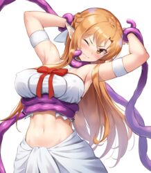  alternate_hair_length alternate_hairstyle armband armpits arms_up asuna_(sao) bare_shoulders blush braid breasts brown_eyes brown_hair collarbone commentary_request covered_nipples ear_covers elf female hair_ornament highres holiday_(pangjelly) imminent_rape large_breasts long_hair looking_at_viewer md5_mismatch midriff navel one_eye_closed pointy_ears red_ribbon restrained ribbon simple_background solo stomach sword_art_online tentacle titania_(sao) white_background 