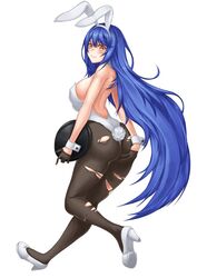  animal_ears ass back baeg_mi black_gloves black_pantyhose blue_hair breasts brown_pantyhose detached_collar fake_animal_ears female full_body girls&#039;_frontline gloves half_gloves high_heels highleg highleg_leotard highres large_breasts leotard long_hair looking_at_viewer looking_back official_alternate_costume pantyhose playboy_bunny rabbit_ears robot_ears shoes simple_background solo strapless strapless_leotard tar-21_(girls&#039;_frontline) tar-21_(night_at_the_bar)_(girls&#039;_frontline) torn_clothes torn_pantyhose tray white_background white_footwear white_leotard yellow_eyes 