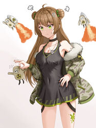  absurdres anger_vein annoyed black_choker black_shirt bow breasts brown_hair camouflage camouflage_jacket choker cleavage closed_mouth clothes_pull collarbone double_bun fall_guy fall_guys feet_out_of_frame female fur-trimmed_jacket fur_collar fur_trim girls&#039;_frontline gongbangmanchi_(daisy_cutter) green_bow green_eyes hair_bun hairbow hand_on_own_hip highres holding jacket jacket_pull light_brown_hair long_hair looking_down medium_breasts open_clothes open_jacket rfb_(girls&#039;_frontline) shirt simple_background solo standing 