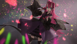  aito blue_eyes dragon_horns dragon_tail dress elizabeth_bathory_(fate) elizabeth_bathory_(fate/extra_ccc) elizabeth_bathory_(japan)_(fate) fate/grand_order fate_(series) female highres horns long_hair looking_at_viewer official_alternate_costume open_mouth pink_hair pointy_ears smile solo tail 