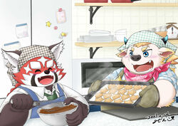  ailurid anthro babe_bunyan_(tas) baking blonde_hair blush bovid bovine bowl candy cattle chocolate clothing container dessert duo food fur gloves hair handwear hi_res holidays lifewonders male mammal mijinkoooknijim red_body red_fur red_panda slightly_chubby tokyo_afterschool_summoners valentine&#039;s_day young zhurong_(tas) 