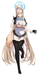  animal_ears asuna_(blue_archive) bikini black_footwear black_gloves black_thighhighs blue_archive blue_bow blue_bowtie blue_eyes blush bow bowtie breasts detached_collar female fox_ears fox_shadow_puppet fox_tail full_body gaitoou garter_straps gloves grin hair_over_one_eye halo hand_up highres large_breasts long_hair looking_at_viewer maid_headdress micro_bra one_eye_covered parted_lips sideboob simple_background smile solo standing swimsuit tail teeth thighhighs thighs underboob very_long_hair white_background white_headwear wrist_cuffs 