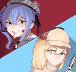  2girls blonde_hair blood blood_on_face blood_splatter blue_eyes blue_hair english_commentary finger_to_mouth hair_ornament holding holding_magnifying_glass hololive hololive_english hoshimachi_suisei hoshimachi_suisei_(1st_costume) kiel_adair looking_back magnifying_glass medium_hair multiple_girls purple_eyes side_ponytail split_screen virtual_youtuber watson_amelia watson_amelia_(1st_costume) 