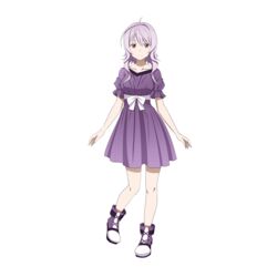  ahoge bow closed_mouth collarbone dress female full_body hair_between_eyes hair_intakes highres looking_at_viewer non-web_source official_art purple_dress purple_hair red_eyes ribbon short_dress short_hair_with_long_locks short_sleeves sidelocks smile solo standing standing_on_one_leg strea_(sao) sundress sword_art_online transparent_background white_bow white_ribbon 