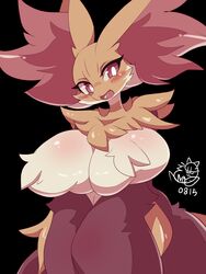  2021 3:4 absurd_res anthro big_breasts black_background blush breast_squish breasts canid canine chest_tuft delphox fangs female fur generation_6_pokemon grey_pupils head_tilt hi_res huge_breasts inner_ear_fluff looking_at_viewer mammal nintendo nyaswitchnya open_mouth pokemon pokemon_(species) pupils red_body red_eyes red_fur simple_background smile solo squish teeth tuft upper_body white_body white_fur yellow_body yellow_fur 