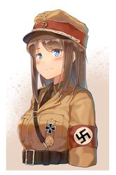  armband badge belt belt_buckle bird black_hat blue_eyes blush border brown_belt brown_hair brown_hat brown_jacket brown_necktie brown_shirt buckle buttons closed_mouth collar_tabs collared_shirt commentary cropped_torso cross eagle english_commentary female german_commentary germany gradient_background gradient_eyes gun hat hat_ornament highres insignia iron_cross jacket kepi lapels long_hair military_hat military_jacket mixed-language_commentary multicolored_clothes multicolored_eyes multicolored_hat nazi necktie notched_lapels original peaked_cap pink_background pocket red_armband red_hat reichsadler rifle shirt solo splatter_background straight_hair sturmabteilung swastika two-tone_background unicron_(brous) uniform upper_body wavy_mouth weapon white_background white_border world_war_ii 