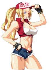  baseball_cap blonde_hair blue_eyes breasts cleavage covered_nipples denim fatal_fury fatal_fury_cap female fingerless_gloves genderswap_(mtf) gloves hat jacket jeans large_breasts long_hair looking_at_viewer midriff pants ponytail qkat_(arikawa-dou) rule_63 shorts simple_background smile snk_heroines:_tag_team_frenzy solo terry_bogard the_king_of_fighters vest white_background 