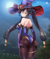  aqua_eyes ass back bare_shoulders black_choker black_gloves black_hair blue_hat blue_leotard breasts brown_pantyhose choker cowboy_shot detached_sleeves earrings female freshtango from_behind full_moon genshin_impact gloves gold_trim hands_on_own_ass hat highleg highleg_leotard highres jewelry leotard long_hair long_sleeves looking_at_viewer looking_back medium_breasts mona_(genshin_impact) moon night outdoors pantyhose parted_lips sidelocks skindentation solo standing strapless strapless_leotard thighlet twintails very_long_hair witch_hat 