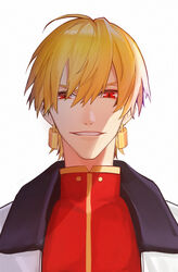  1boy ahoge blonde_hair commentary_request earrings fate/stay_night fate_(series) gilgamesh_(fate) grin hair_between_eyes highres jewelry k7_(kk7_000) looking_at_viewer male_focus official_alternate_costume photoshop_(medium) red_eyes short_hair simple_background smile white_background 