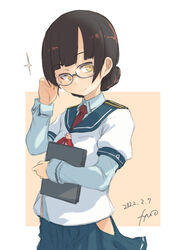  bespectacled blue_skirt blunt_bangs braid brown_eyes brown_hair clipboard cosplay female fyuo glasses highres hip_vent kantai_collection long_hair long_sleeves ooyodo_(kancolle) ooyodo_(kancolle)_(cosplay) pleated_skirt school_uniform serafuku skirt smile solo twin_braids yawata_maru_(kancolle) 