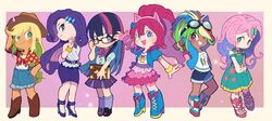  6+girls animal_ears applejack_(bishoujo) applejack_(mlp) arms_behind_head blonde_hair blue_bow blue_eyes blue_footwear boots bow bracelet bright_pupils brown_footwear chibi commentary cowboy_hat cropped_jacket denim denim_skirt diamond_hair_ornament dress english_commentary fake_animal_ears fluttershy_(bishoujo) fluttershy_(mlp) frilled_skirt frills glasses goggles goggles_on_head green_dress green_eyes hairbow hat high_heels high_tops highres horse_ears jewelry kotobukiya_bishoujo long_hair looking_at_viewer miyata_(lhr) multicolored_hair multiple_girls my_little_pony my_little_pony:_friendship_is_magic pencil_skirt personification pink_bow pink_hair pink_skirt pinkie_pie_(bishoujo) pinkie_pie_(mlp) plaid pleated_skirt puffy_short_sleeves puffy_sleeves purple_eyes purple_footwear purple_legwear purple_skirt rainbow_dash_(mlp) rarity_(bishoujo)_(my_little_pony) rarity_(my_little_pony) shirt shoes short_sleeves shorts shy skirt smile sneakers socks streaked_hair tan tied_shirt tomboy twilight_sparkle_(human) twilight_sparkle_(mlp) 