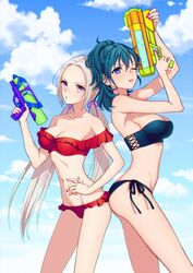  2girls alternate_costume alternate_hairstyle bandeau beach bikini bikini_top_only blue_bikini blue_eyes blue_hair blush breasts byleth_(female)_(fire_emblem) byleth_(fire_emblem) cleavage edelgard_von_hresvelg fire_emblem fire_emblem:_three_houses front-tie_top hair_ornament highres large_breasts long_hair looking_at_viewer medium_breasts medium_hair multiple_girls nail_polish navel off-shoulder_bikini off_shoulder one_eye_closed outdoors pink_nails ponytail red_bikini side-tie_bikini_bottom smile strapless strapless_bikini swimsuit twintails water_gun yudepan_(yuri_no_sugata) yuri 