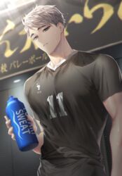  1boy bad_id bad_twitter_id black_pants bottle grey_eyes grey_hair haikyuu!! hemoon holding holding_bottle indoors looking_at_viewer male_focus miya_osamu multicolored_hair pants parted_lips short_hair solo sportswear standing sweat two-tone_hair volleyball_uniform water_bottle 