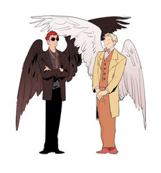  2boys angel apios aziraphale_(good_omens) bad_id bad_pixiv_id black_eyes black_footwear black_jacket black_pants black_wings blonde_hair bow bowtie brown_bow brown_bowtie brown_necktie buttons closed_mouth commentary crossed_arms crowley_(good_omens) eye_contact feathered_wings full_body good_omens grey_shirt happy highres jacket legs_together long_sleeves looking_at_another loose_necktie male_focus multiple_boys necktie open_clothes open_jacket orange_pants orange_vest own_hands_together pants red_footwear red_hair round_eyewear shirt shoes short_hair sideways_mouth smile standing sunglasses symmetry v-shaped_eyebrows vest white_shirt white_wings wings yellow_jacket 