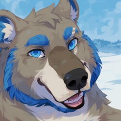  1:1 absurd_res anthro bear beard black_nose blue_beard blue_eyes blue_inner_ear brown_body brown_ears brown_fur bust_portrait corzh77 facial_hair fangs fur glistening glistening_eyes head_tuft hi_res light_body light_fur looking_at_viewer male mammal open_mouth outside portrait red_tongue snow solo tan_body tan_fur teeth tongue tuft 