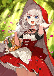  basket black_ribbon blue_eyes blush bottle braid braided_ponytail bread_bun breasts candy candy_cane cloak commentary_request dress fate/grand_order fate_(series) female food forest grey_hair highres hood hood_up hooded_cloak light_rays long_hair looking_at_viewer marie_antoinette_(fate) marie_antoinette_(festival_outfit)_(fate) nature neck_ribbon official_alternate_costume outdoors petals puffy_short_sleeves puffy_sleeves pumpkin red_cloak red_dress ribbon short_sleeves single_braid small_breasts smile solo underbust very_long_hair wine_bottle yuu_(higashi_no_penguin) 