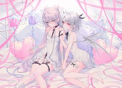  2girls bandage bandaid barefoot bed bondage bow chains collar demon flat_chest garter garter_belt gray_hair green_eyes long_hair original pink_eyes pointed_ears purple_hair ribbons rurudo succubus third-party_edit wings 