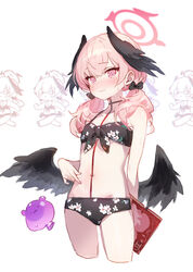  adelie_cat arm_behind_back bikini black_bikini black_bow black_wings blue_archive blush book bow breasts chibi chibi_inset closed_mouth collarbone commentary_request cropped_legs feathered_wings female floral_print front-tie_bikini_top front-tie_top hair_over_shoulder hairbow halo head_wings highres holding holding_book koharu_(blue_archive) koharu_(swimsuit)_(blue_archive) korean_commentary long_hair low_twintails low_wings navel official_alternate_costume pink_eyes pink_hair pink_halo pornography print_bikini simple_background small_breasts solo_focus spaghetti_strap sweat swimsuit twintails white_background wings 