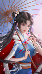  absurdres blue_eyes branch brown_hair cape cherry_blossoms closed_mouth double_bun facial_mark female forehead_mark hair_bun hei_yu_xing_cheng highres holding holding_umbrella long_hair pink_background red_cape ribbon second-party_source short_sleeves solo twintails umbrella upper_body xianjian_qixia_zhuan zhao_linger 