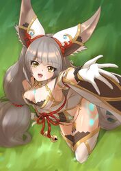  animal_ears breasts cat_ears chest_jewel cleavage deekei detached_sleeves facial_mark female grey_hair highleg highleg_leotard highres leotard long_hair low_twintails nia_(blade)_(xenoblade) nia_(xenoblade) small_breasts solo thighhighs twintails very_long_hair xenoblade_chronicles_(series) xenoblade_chronicles_2 yellow_eyes 