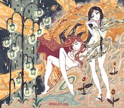  2girls abstract abstract_background art_nouveau ashleyloob barefoot black_hair closed_eyes closed_mouth commentary_request expressionless flat_color flower gustav_klimt_(style) highres legs_folded long_hair multiple_girls muted_color nude original own_hands_together patterned_hair red_hair sitting standing sun surreal twitter_username 