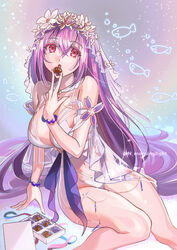  absurdres asakou_(n_morninglight) bad_id bad_pixiv_id bare_shoulders bikini box breasts chocolate cleavage collarbone eating fate/grand_order fate_(series) female flower gift gift_box hair_between_eyes hair_flower hair_ornament highres large_breasts long_hair looking_at_viewer navel open_mouth purple_hair red_eyes scathach_(fate) scathach_skadi_(fate) scathach_skadi_(swimsuit_ruler)_(fate) scathach_skadi_(swimsuit_ruler)_(third_ascension)_(fate) see-through solo swimsuit thighs white_bikini 