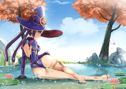  ass back barefoot black_hair blue_eyes blue_sky breasts feet female flower genshin_impact hat joko_jmc legs leotard lily_pad long_hair looking_at_viewer looking_back medium_breasts mona_(genshin_impact) outdoors pink_flower pond purple_hat purple_leotard rock sky soles solo thighlet tree twintails vision_(genshin_impact) water water_lily_flower white_background witch witch_hat 