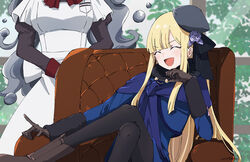  2girls apron blonde_hair boots citron80citron closed_eyes crossed_legs fate_(series) fur_trim hat highres laughing long_hair lord_el-melloi_ii_case_files maid_apron multiple_girls pantyhose reines_el-melloi_archisorte sitting trimmau_(fate) 