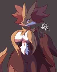  2021 absurd_res anthro big_breasts blush breast_curtains breasts canid canine chest_tuft delphox female fur generation_6_pokemon grey_background grey_pupils hi_res huge_breasts inner_ear_fluff mammal navel nintendo nyaswitchnya pokemon pokemon_(species) pupils raised_arm red_body red_eyes red_fur simple_background solo tuft upper_body white_body white_fur yellow_body yellow_fur 