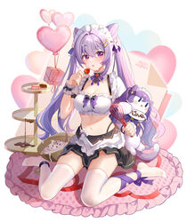  alternate_costume ankle_bell ankle_ribbon apron balloon bell black_panties black_skirt blush bow bowl bowtie box braid breasts brooch cake_stand chocolate chocolate_chip cleavage collar cone_hair_bun cream cream_on_face crop_top detached_collar diamond-shaped_pupils diamond_(shape) doll double_bun enmaided feet female food food_on_face frilled_cuffs frilled_hairband frilled_shirt frills fruit full_body genshin_impact gift gift_box gou_lianlian_dogface hair_bun hair_intakes hair_ornament hairband hairclip hand_up heart_balloon highleg highleg_panties highres holding holding_doll holding_food holding_fruit holding_utensil holding_whisk jewelry jingle_bell keqing_(genshin_impact) leg_ribbon long_hair looking_at_viewer maid maid_headdress medium_breasts midriff navel no_shoes open_mouth panties panty_straps polka_dot purple_bow purple_bowtie purple_eyes purple_hair purple_ribbon raised_eyebrows red_ribbon ribbon see-through see-through_shirt shirt short_sleeves signature sitting skirt solo stomach strawberry symbol-shaped_pupils thighhighs thighs tiered_tray toes twintails underwear valentine very_long_hair waist_apron wariza whisk white_background white_collar white_thighhighs wrist_cuffs 