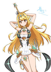  absurdres aotsuba bare_legs bare_shoulders blonde_hair breasts chest_jewel cleavage cleavage_cutout clothing_cutout dress earrings elbow_gloves female gem gloves headpiece highres jewelry large_breasts long_hair mythra_(xenoblade) short_dress solo swept_bangs thigh_strap tiara very_long_hair white_dress white_gloves xenoblade_chronicles_(series) xenoblade_chronicles_2 yellow_eyes 