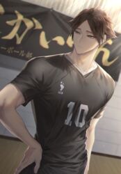  1boy bad_id bad_twitter_id black_hair closed_mouth haikyuu!! hand_on_own_hip hemoon indoors looking_to_the_side male_focus short_hair short_sleeves solo sportswear standing suna_rintarou volleyball_uniform 