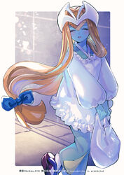  absurdres apron bag blonde_hair blue_bow blue_skin bow closed_eyes colored_skin duel_monster feet_out_of_frame female hairbow highres holding holding_bag japanese_clothes kappougi kimono long_hair low-tied_long_hair mystical_elf okobo open_mouth sandals smile solo sugomori_tsuru_(hana_tsuru_wo) very_long_hair walking yu-gi-oh! 