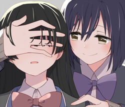  2girls black_hair black_jacket bow bowtie brown_eyes closed_mouth collared_shirt commentary_request covered_eyes grey_background hair_between_eyes hand_on_another&#039;s_face hand_on_another&#039;s_shoulder hand_over_another&#039;s_eyes jacket long_hair looking_at_another multiple_girls nijisanji parted_lips purple_bow purple_bowtie purple_hair red_bow red_bowtie school_uniform shirt shizuka_rin short_hair smile sou_(tuhut) tsukino_mito tsukino_mito_(1st_costume) upper_body virtual_youtuber white_shirt yuri 