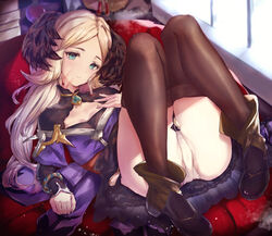  aqua_eyes black_skirt black_thighhighs blonde_hair blood blood_on_face blue_dress breasts cleavage_cutout clothing_cutout dress female granblue_fantasy highres jewelry knees_together_feet_apart legs long_hair looking_at_viewer mathiamo13 mireille_(granblue_fantasy) panties parted_bangs pendant skirt small_breasts solo thighhighs underwear white_panties 